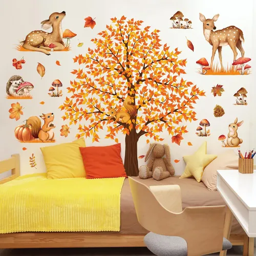 Miniatura 6 de 4 hojas de calcomanías de pared de árbol grande de otoño, árbol de arce, bosque de otoño, calcomanías de pared de bricolaje para despegar y pegar