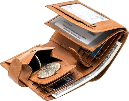 Miniatura 4 de POKOFO Gran RFID Cuero Genuino Tarjetero Trifold Wallet Snap Cierre 3 ID Windows para los hombres