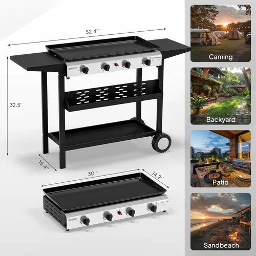 Miniatura 6 de ROVSUN Parrilla de propano portátil de 4 quemadores con encendido electrónico, 40,000 BTU parrilla de gas con bandeja esmaltada antiadherente
