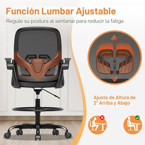 Miniatura 3 de ORRSAKER Silla de Dibujo Alta con Soporte Lumbar y Anillo Reposapiés, Silla de Escritorio Ergonómica Alta de Apoyo de Altura Extendida para Trabajo
