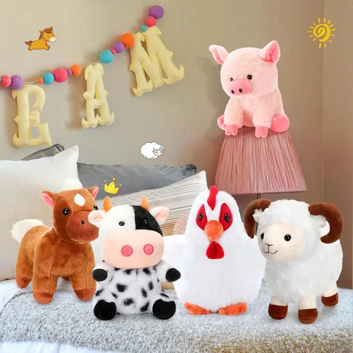 Miniatura 6 de Skylety Juego de 5 animales de peluche de granja de 10 pulgadas, animales de peluche de granja suave, cerdo gallo, caballo, oveja, vaca, juguete