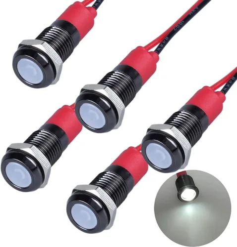 Miniatura 26 de 5 unidades de 0.236 in 12V-24V 20mA luz indicadora LED de metal de ahorro de energía, bisel cromado negro, orificio de montaje de 1/4 pulgadas