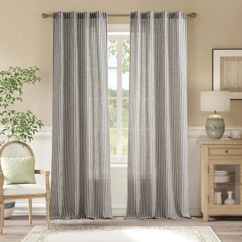 Miniatura 30 de JINCHAN Cortinas de lino para sala de estar o dormitorio, con estampado a rayas verde salvia sobre beige, rayas delgadas que filtran la luz