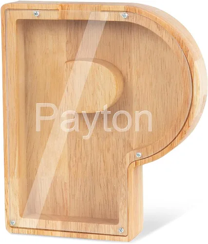 Miniatura 31 de Alcancía con nombre personalizado, 26 letras láser con texto personalizado, banco de monedas de madera, significado educativo, alcancía con nombre