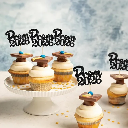 Miniatura 5 de Gyufise 24 piezas de decoración para cupcakes con purpurina para graduación 2026, decoración de pasteles para graduación 2026, decoración de Negro