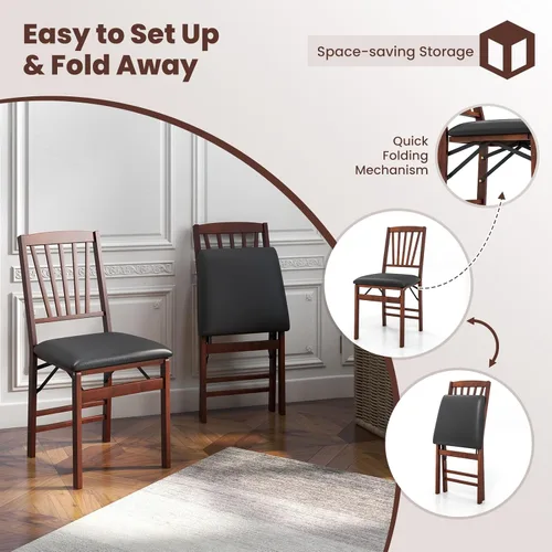 Miniatura 4 de GOFLAME Juego de 2 sillas plegables de comedor, sillas plegables con asiento acolchado de PVC y respaldo alto, sillas de comedor de madera, paquete