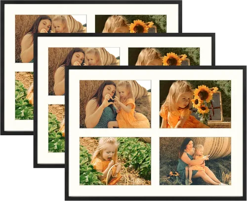 Miniatura 95 de Golden State Art, Marco de collage de aluminio de 4 x 6, muestra fotos de 6 x 4 con tapete de 2 aberturas o una foto de 8 x 10, vidrio real, Negro