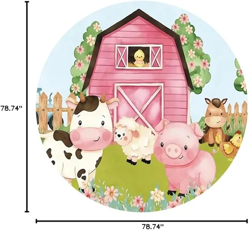 Miniatura 4 de Yeele Fondo redondo de dibujos animados de animales de granja de 6.5 x 6.5 pies para niños, granero rosa, granero, animales, vacas, cerdos, corral