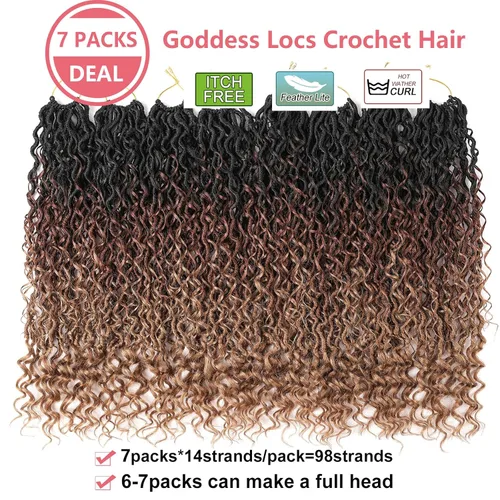Miniatura 2 de Cabello de Ganchillo Boho Goddess Locs de 18 Pulgadas, 7 Paquetes, Degradado de Tres Tonos, Nuevas Locs Sintéticas de Ganchillo con Puntas Rizadas