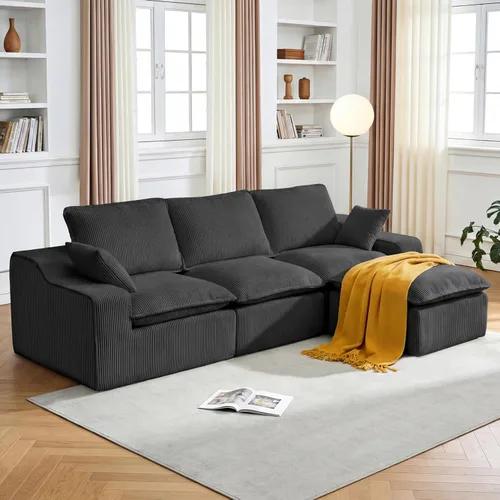 Miniatura 16 de Sofá modular sin hueso de 107 pulgadas con otomana, sofá modular de pana con asiento profundo tapizado, moderno sofá modular con tumbonas