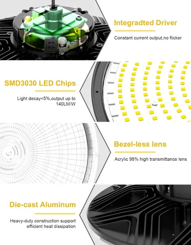 Miniatura 5 de Luz LED UFO de alta bahía, 150W/100W/80W ajustable, 3000K/4000K/5000K ajustable, UL listado 21000LM 0-10V regulable IP65 impermeable alta Bahía