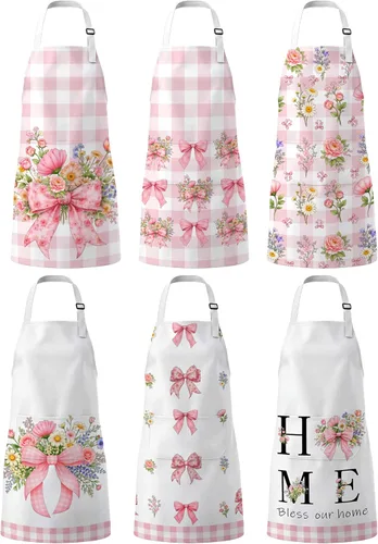 Miniatura 7 de Bencailor 6 delantales de cocina de verano con bolsillos, diseño de flores, gallo, abeja, mariposa, girasol, primavera, a granel para mujeres