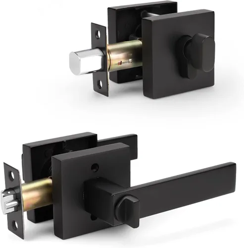 KNOBWELL Paquete de 10 manijas de puerta de entrada resistentes color negro mate con cerrojo cuadrado a juego (para oficina y puerta delantera), con
