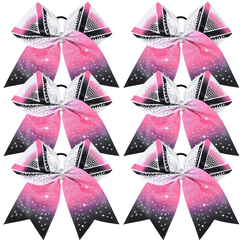 Miniatura 20 de DEEKA 6 lazos grandes de animadora con purpurina de 8 pulgadas con diamantes de imitación completos, lazos para el pelo de animadora coloridos Plata
