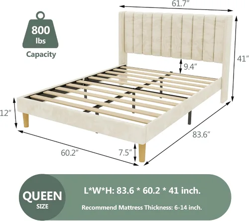 Miniatura 2 de alazyhome - Marco de cama tapizado de plataforma tamaño Queen con cabecera, soporte de listones de madera, sin ruido, fácil montaje, terciopelo beige