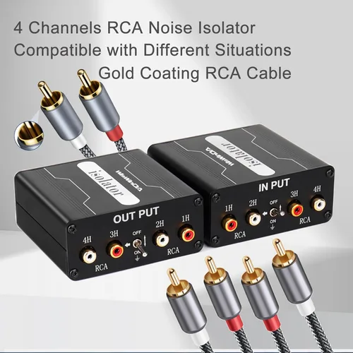 Miniatura 4 de Aislador de ruido de bucle de tierra RCA de 4 canales (sin reducir los graves) con revestimiento dorado, eliminador de sonido de altavoz, filtro