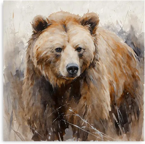 Arte de pared rústico de osos del bosque, pinturas en lienzo, cuadros de animales, arte de pared para dormitorio y sala de estar (12 x 12 pulgadas x