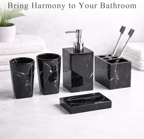 Miniatura 6 de Juego de accesorios para encimera de baño de 5 piezas, dispensador para jabón líquido o loción, jabonera, soporte para cepillos de dientes y 2