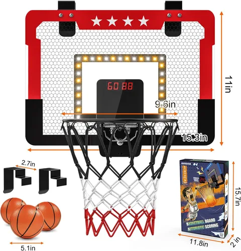 Miniatura 7 de Aro de baloncesto para interiores para niños, mini aro de baloncesto con doble marcador electrónico y luz LED, juguetes de regalo de baloncesto