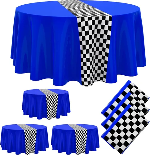 Miniatura 18 de Oudain 3 piezas de suministros para fiesta de cumpleaños de autos, decoraciones para fiestas de carreras, mantel redondo de carreras con bandera a