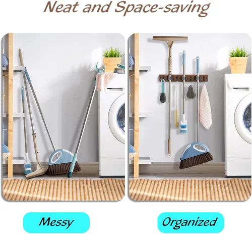 Miniatura 4 de OUTNILI Soporte de pared para escoba de fregona con 3 ranuras y 4 ganchos, colgador de escoba de madera para organización de cocina de despensa