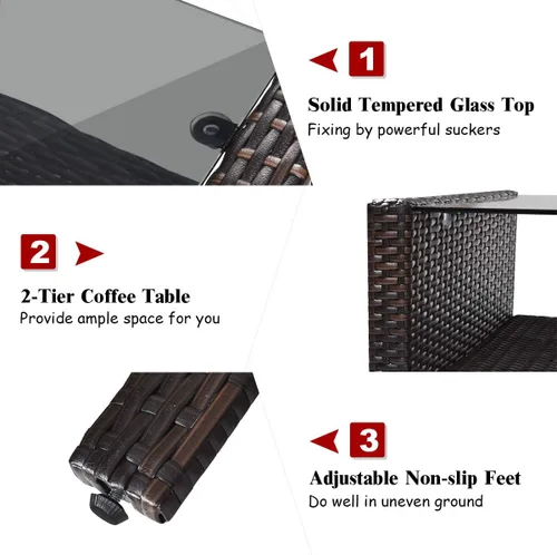 Miniatura 7 de COSTWAY Juego de muebles de patio de 4 piezas, sofá modular de mimbre con cojín, sofá biplaza, mesa de centro con vidrio templado y estante