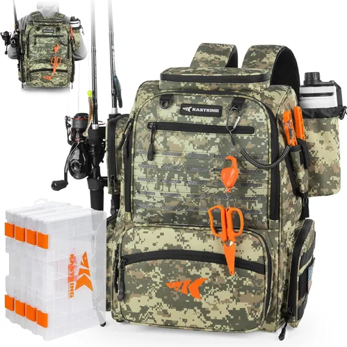 Miniatura 9 de KastKing Bait Boss Mochila de aparejos de pesca con soportes para caña, 4 cajas de aparejos, cubierta para lluvia, almacenamiento grande de 43 L B
