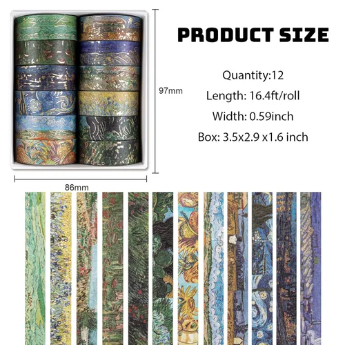 Miniatura 2 de Lychii Juego de Cinta Washi, 12 Rollos de Cinta Adhesiva de Oro con Patrones de Pintura al Óleo de Van Gogh de 5M/16.4Pies de Largo, Cintas art