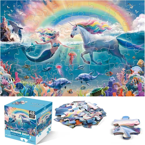 Rompecabezas de suelo jumbo para niños de 4 a 8 años, rompecabezas submarino de unicornio y sirena de 48 piezas, juguetes educativos grandes para
