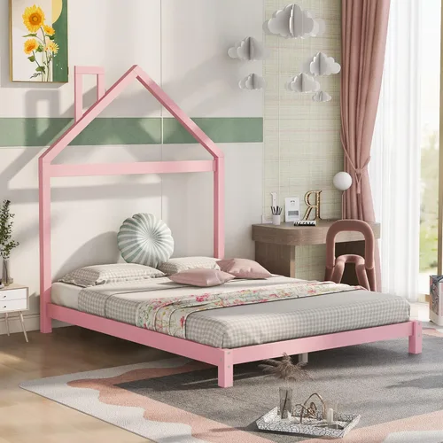 Miniatura 18 de Cama de plataforma de madera de tamaño individual con cabecero y cercas en forma de casa, sin tablillas, cama de piso para dormitorio de niños Verde