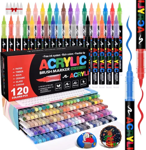 Marcadores de pintura acrílica, punta de pincel de 120 colores, sistema de control automático de tinta, bolígrafos de pintura acrílica de alta
