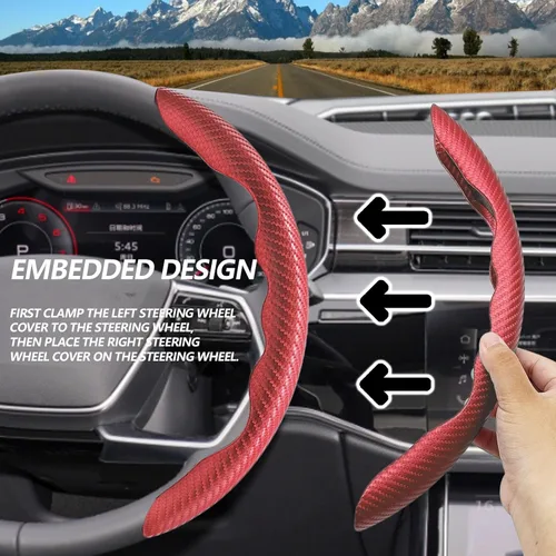 Miniatura 5 de 2 piezas Fundas de Volante de Fibra de Carbono de Ajuste Universal, Funda de Volante Antideslizante/Protector de Volante Segmentado/Accesorios Rojo