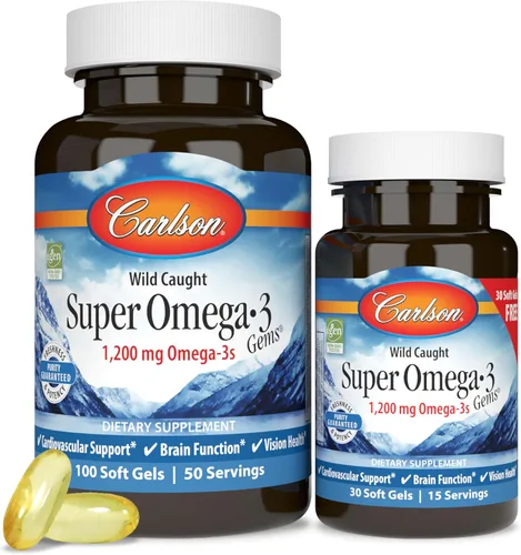 Carlson - Gemas Super Omega-3, 1200 mg de ácidos grasos omega-3 con EPA y DHA, suplemento noruego capturado en la naturaleza, cápsulas de aceite de