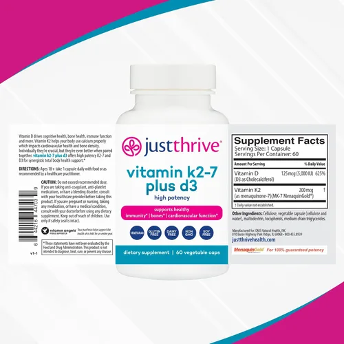 Miniatura 2 de Just Thrive Vitamina K2-7 Plus D3 - Suplemento para la salud inmunológica, cardíaca y ósea, 60 cápsulas vegetales