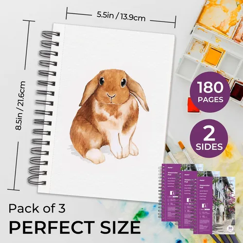 Miniatura 2 de Funto Bloc de Papel para Acuarela 5.5x8.5, Paquete de 3, 90 Hojas, 140 lb/300 g/m², Doble Cara, Prensado en Frío, Encuadernado en Espiral, Papel