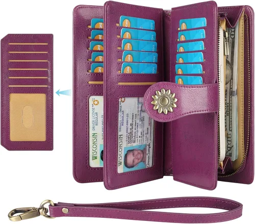 Miniatura 2 de Lavemi Carteras de cuero genuino de gran capacidad con bloqueo RFID para mujer, tarjetero con correa para la muñeca