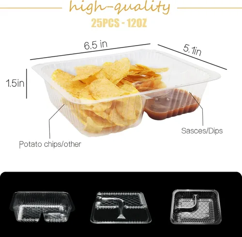 Miniatura 2 de 25 bandejas desechables para nachos, recipientes de plástico de 12 onzas con soporte para chips y salsa, 6 x 5 pulgadas, 2 compartimentos, bandejas