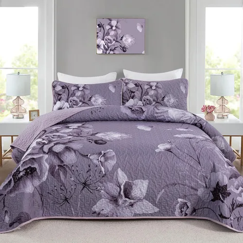 Miniatura 19 de Juego de colcha floral tamaño Queen de 3 piezas, juego de colcha con estampado floral rojo suave de microfibra ligera, cubrecama acolchado negro