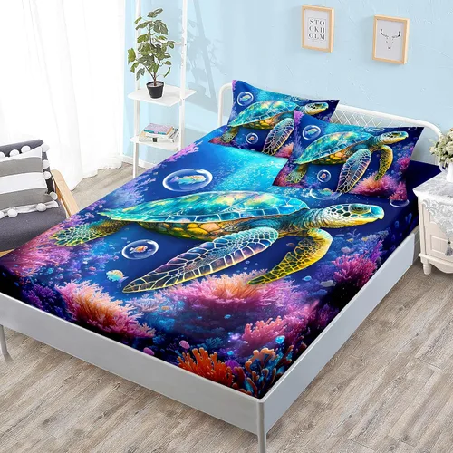 Miniatura 29 de HOSIMA Juego de sábanas bajeras con temática de tortuga marina, diseño de playa costera, para decoración de habitación de niños, adolescentes