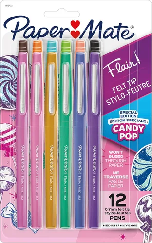 Paper Mate Flair Bolígrafos de punta de fieltro, punta media (0.028 in / 0.7 mm), edición limitada Candy Pop, colores surtidos, 12 unidades -