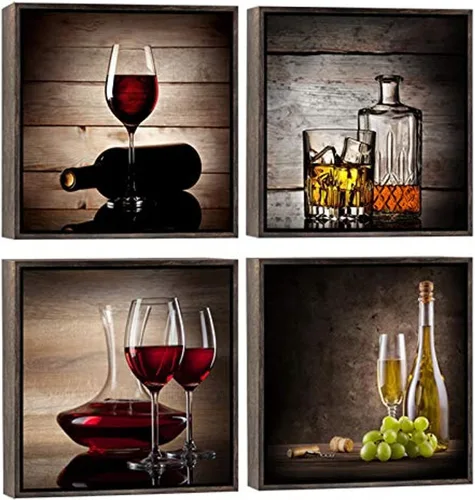 Wieco Art Lienzo enmarcado para pared, diseño moderno de copas de vino tinto, 4 piezas, impresiones abstractas en lienzo, obras de arte