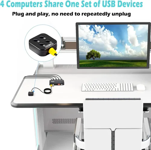 Miniatura 4 de Interruptor USB de 4 en 4 salidas, selector de conmutador USB de 4 puertos para 4 computadoras compartidas 4 dispositivos teclado, ratón, impresora