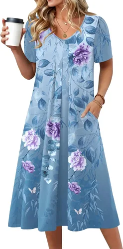 Miniatura 16 de Zeagoo Vestido de verano para mujer, casual, floral, midi, con bolsillos, cuello en V, plisado, manga corta, estilo alineado, para vacaciones