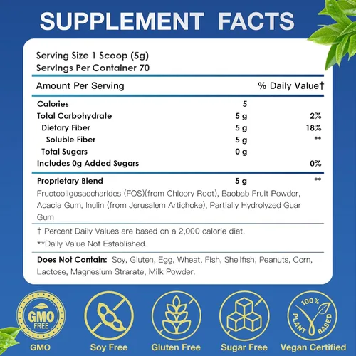 Miniatura 8 de Suplemento de fibra – Suplemento de fibra prebiótica en polvo, 0.18 oz de fibra soluble en polvo con acacia e inulina para la salud digestiva diaria