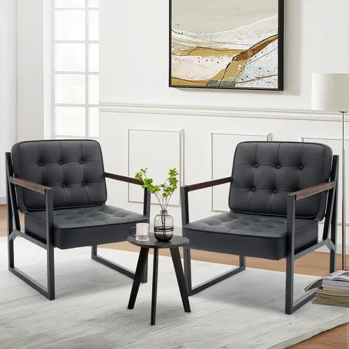 Miniatura 6 de COLAMY Juego de 2 sillas decorativas modernas de mediados de siglo, cómoda silla de sala de estar, silla decorativa de cuero negro, sillón