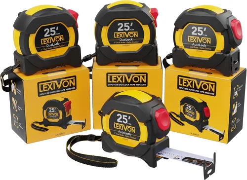 LEXIVON [4-Pack] Cinta métrica de 25 pies/7,5 metros, DuaLock y AutoLock | Hoja de 1 pulgada de ancho con revestimiento de nailon, acabado mate,