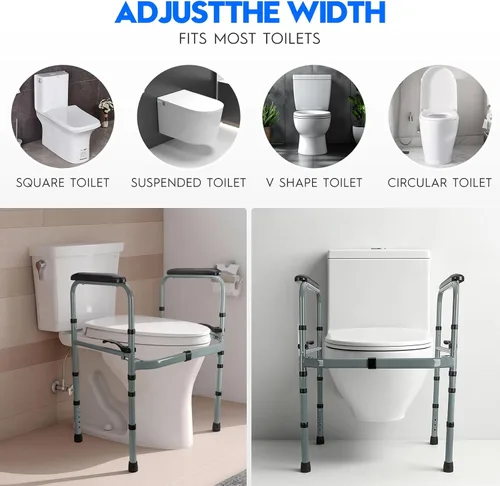 Miniatura 3 de Rieles de seguridad para inodoro para personas mayores, marco de seguridad plegable ajustable con asas acolchadas, riel de seguridad de baño
