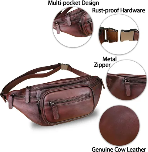 Miniatura 6 de Cangurera de cuero genuino para mujeres y hombres, riñonera de cuero, bolso bandolera de moda, bolso cruzado de hombro, mochila (café)