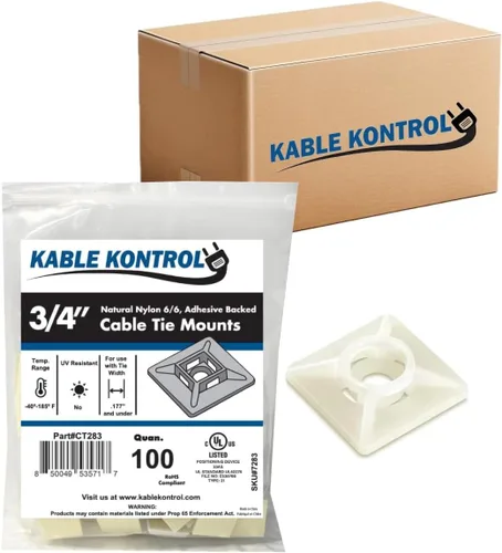 Miniatura 11 de Kable Kontrol Soportes para bridas de cremallera, 1 pulgada cuadrada, blanco natural, 100 unidades, cuadrados de montaje multiusos con respaldo