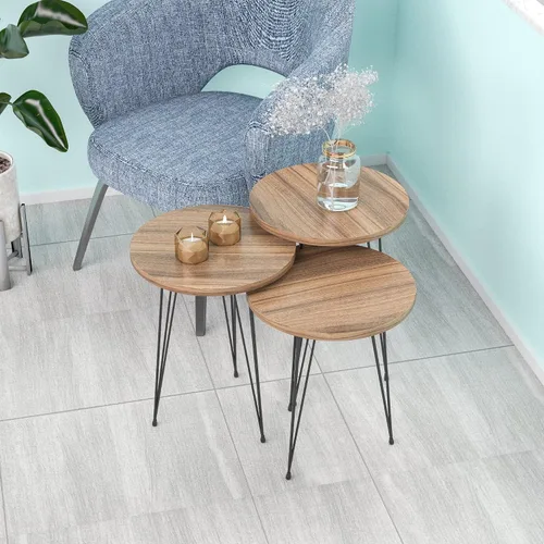 Miniatura 6 de Juego de 3 anidados redondos, base moderna de aspecto de grano de madera para mesas de centro o mesitas de noche, mesa auxiliar, mesa auxiliar Nuez